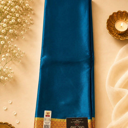 Peacock Teal/ Magenta border and Pallu Mysore Silk Saree | Gold Zari, Silk Mark Certified 60 GRAMS
