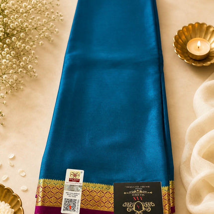 Peacock Teal/ Magenta border and Pallu Mysore Silk Saree | Gold Zari, Silk Mark Certified 60 GRAMS