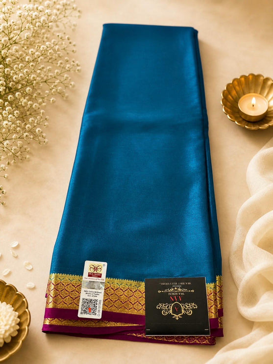Peacock Teal/ Magenta border and Pallu Mysore Silk Saree | Gold Zari, Silk Mark Certified 60 GRAMS