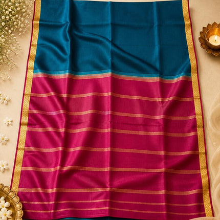 Peacock Teal/ Magenta border and Pallu Mysore Silk Saree | Gold Zari, Silk Mark Certified 60 GRAMS