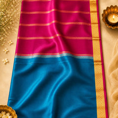 Peacock Teal/ Magenta border and Pallu Mysore Silk Saree | Gold Zari, Silk Mark Certified 60 GRAMS
