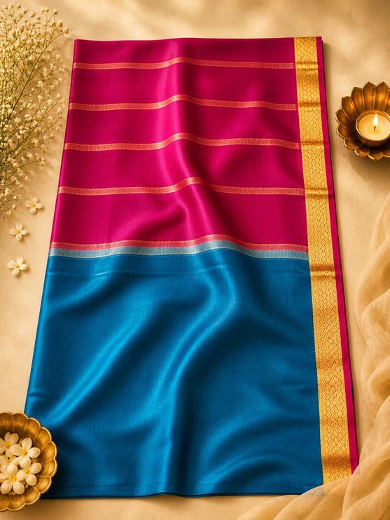 Peacock Teal/ Magenta border and Pallu Mysore Silk Saree | Gold Zari, Silk Mark Certified 60 GRAMS