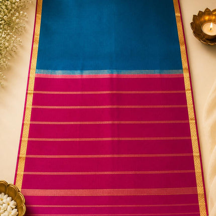 Peacock Teal/ Magenta border and Pallu Mysore Silk Saree | Gold Zari, Silk Mark Certified 60 GRAMS