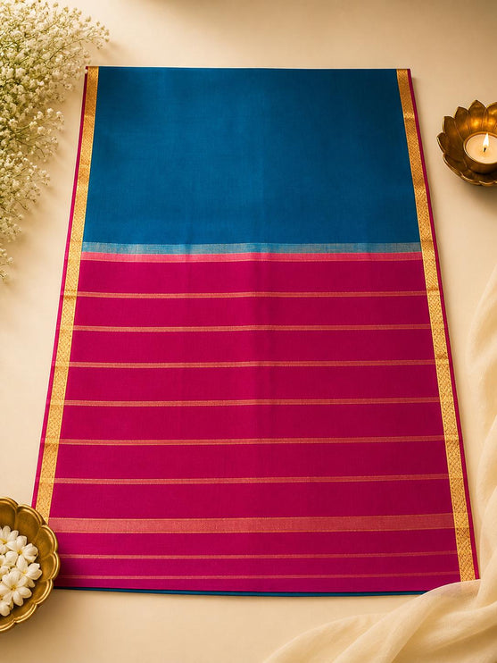Peacock Teal/ Magenta border and Pallu Mysore Silk Saree | Gold Zari, Silk Mark Certified 60 GRAMS