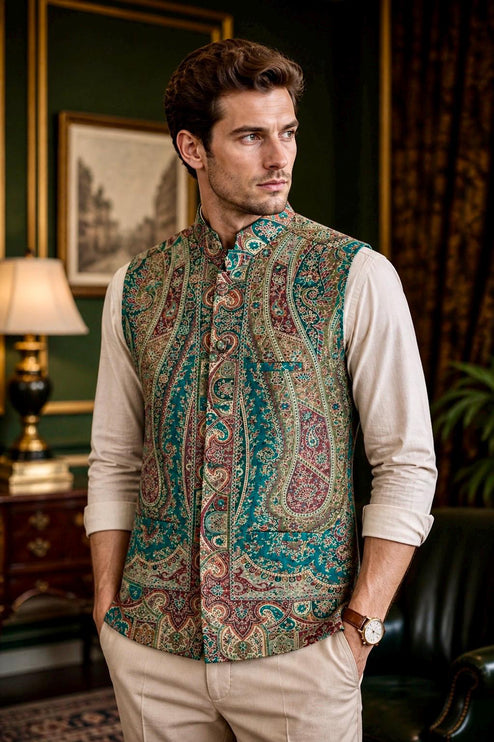 Kani Jamawar MENS WOVEN PAISLEY waistcoats, structured fit | Statement fashion wear| Size-38