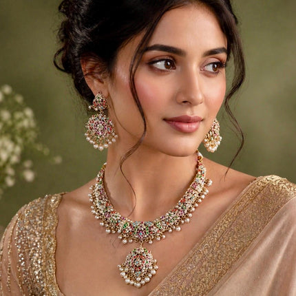 Navratan Jadau Necklace Set | Handmade light Gold Finish, Wedding Jewelry