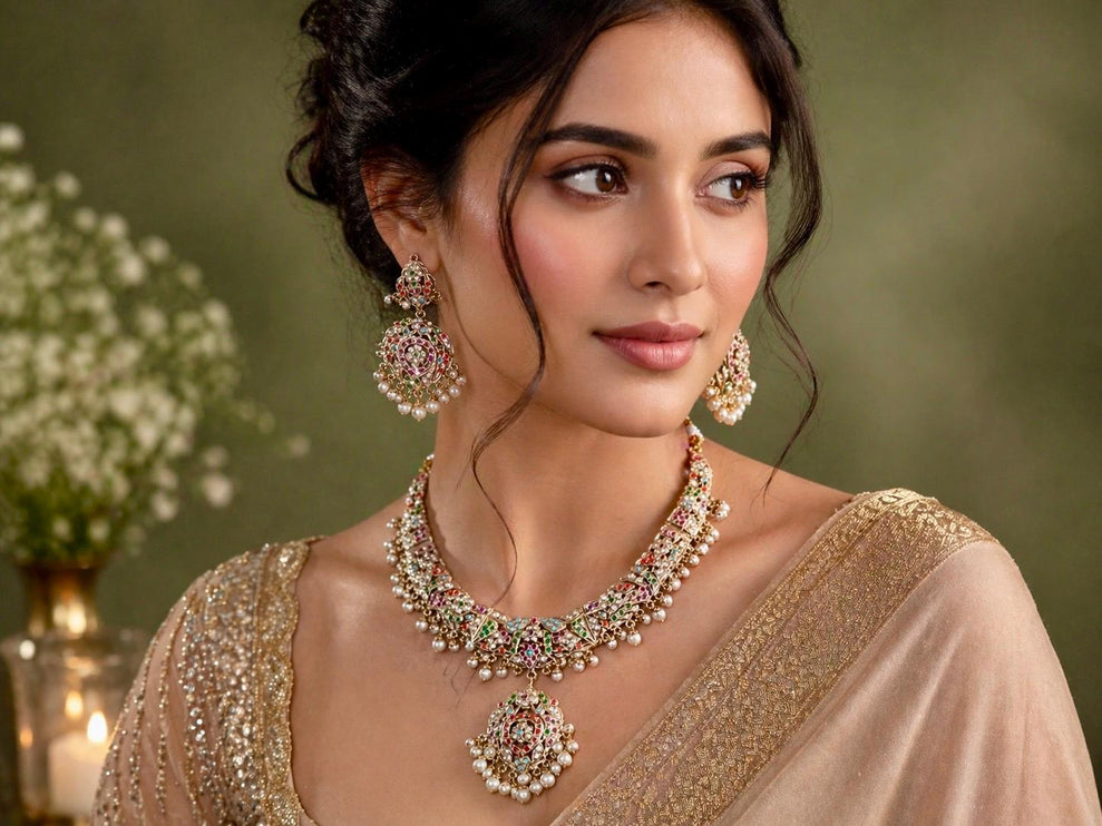 Navratan Jadau Necklace Set | Handmade light Gold Finish, Wedding Jewelry