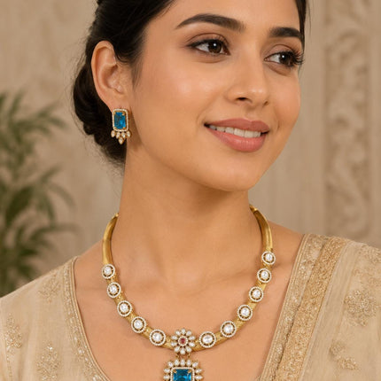 Royal Pachi Kundan Hasali Set | Teal Blue Stone Bridal Jewelry