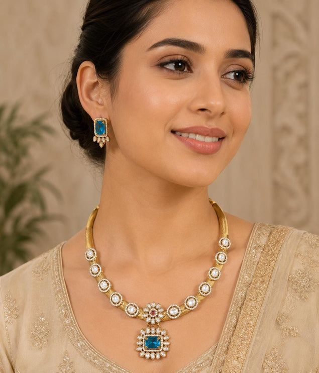 Royal Pachi Kundan Hasali Set | Teal Blue Stone Bridal Jewelry