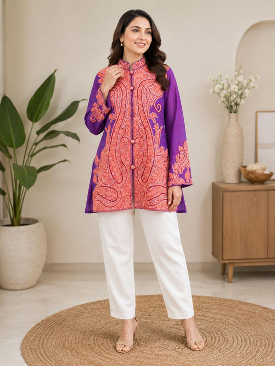 Papier Mache 0 stitch Embroidered Pure Silk  Jacket | Kashmiri Artwear Size 44