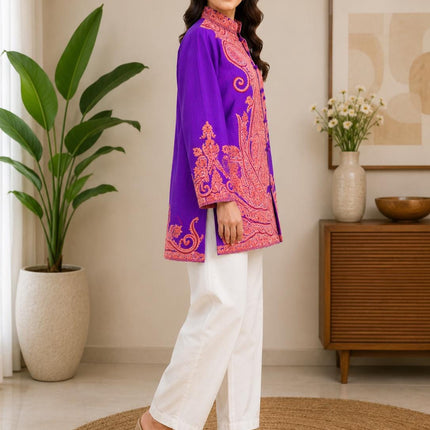 Papier Mache 0 stitch Embroidered Pure Silk  Jacket | Kashmiri Artwear Size 44