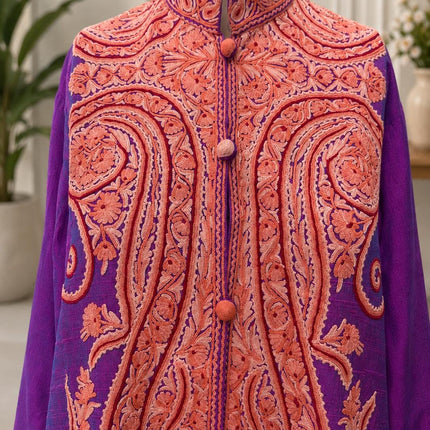 Papier Mache 0 stitch Embroidered Pure Silk  Jacket | Kashmiri Artwear Size 44