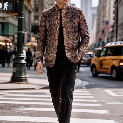 Mens Kani kalamkari Jamawar Jodhpuri style Jacket, Woven Paisley blue