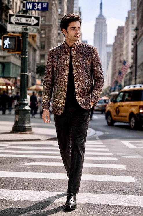 Mens Kani kalamkari Jamawar Jodhpuri style Jacket, Woven Paisley blue