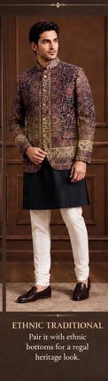 Mens Kani kalamkari Jamawar Jodhpuri style Jacket, Woven Paisley blue