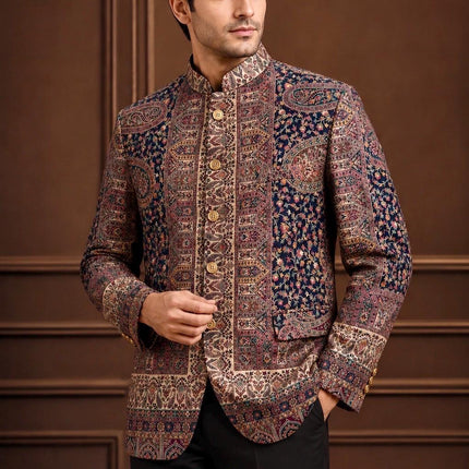 Mens Kani kalamkari Jamawar Jodhpuri style Jacket, Woven Paisley blue
