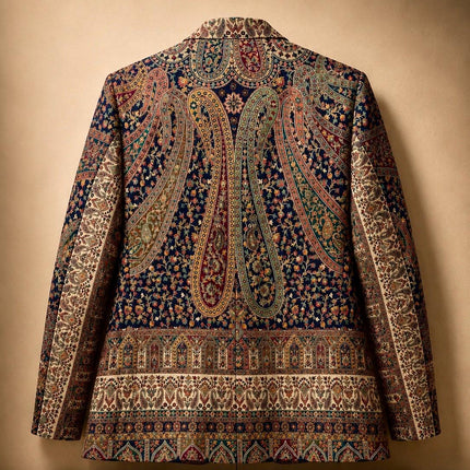 Mens Kani kalamkari Jamawar Jodhpuri style Jacket, Woven Paisley blue