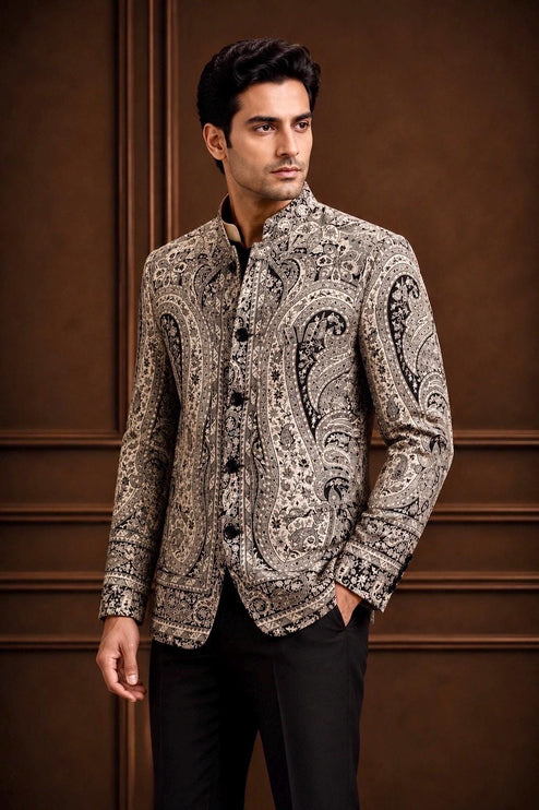 Mens Kani Jamawar Jodhpuri style Jacket, Woven Paisley