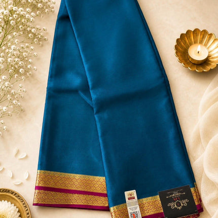 Peacock Teal/ Magenta border and Pallu Mysore Silk Saree | Gold Zari, Silk Mark Certified 60 GRAMS
