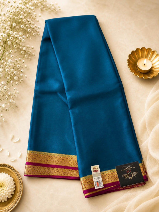 Peacock Teal/ Magenta border and Pallu Mysore Silk Saree | Gold Zari, Silk Mark Certified 60 GRAMS