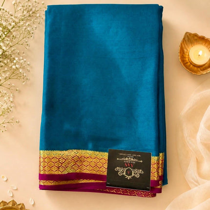Peacock Teal/ Magenta border and Pallu Mysore Silk Saree | Gold Zari, Silk Mark Certified 60 GRAMS