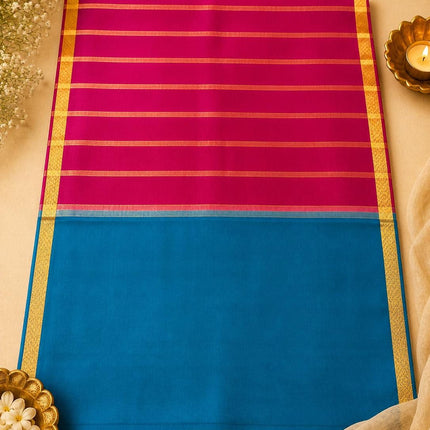 Peacock Teal/ Magenta border and Pallu Mysore Silk Saree | Gold Zari, Silk Mark Certified 60 GRAMS
