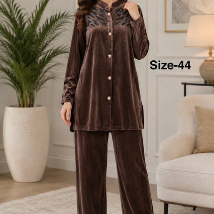 Hand work Embroidered Kashmiri Velvet 2 piece co-ords Set | - Chocolate