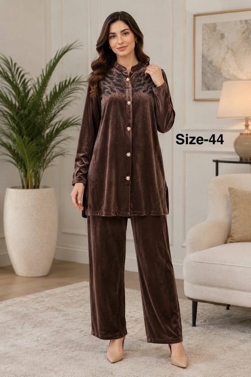 Hand work Embroidered Kashmiri Velvet 2 piece co-ords Set | - Chocolate