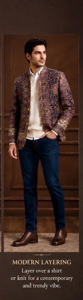 Mens Kani kalamkari Jamawar Jodhpuri style Jacket, Woven Paisley blue
