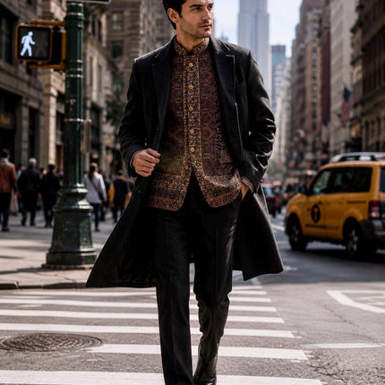 Mens Kani kalamkari Jamawar Jodhpuri style Jacket, Woven Paisley blue