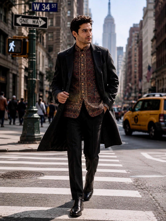 Mens Kani kalamkari Jamawar Jodhpuri style Jacket, Woven Paisley blue