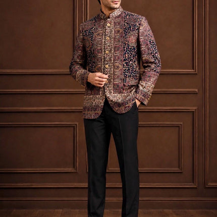 Mens Kani kalamkari Jamawar Jodhpuri style Jacket, Woven Paisley blue