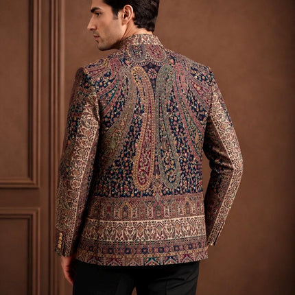 Mens Kani kalamkari Jamawar Jodhpuri style Jacket, Woven Paisley blue