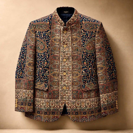 Mens Kani kalamkari Jamawar Jodhpuri style Jacket, Woven Paisley blue