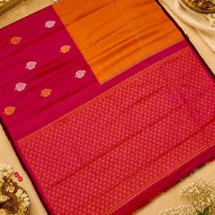 Musterd Yellow Magenta Pink  Kanjivaram Silk Saree with SonaRupa Zari Weaving