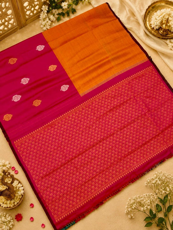 Musterd Yellow Magenta Pink  Kanjivaram Silk Saree with SonaRupa Zari Weaving