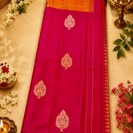 Musterd Yellow Magenta Pink  Kanjivaram Silk Saree with SonaRupa Zari Weaving