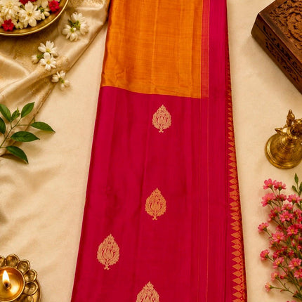 Musterd Yellow Magenta Pink  Kanjivaram Silk Saree with SonaRupa Zari Weaving