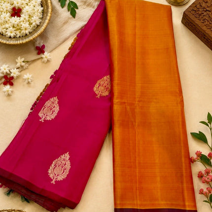 Musterd Yellow Magenta Pink  Kanjivaram Silk Saree with SonaRupa Zari Weaving