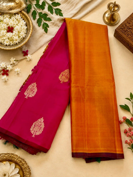 Musterd Yellow Magenta Pink  Kanjivaram Silk Saree with SonaRupa Zari Weaving