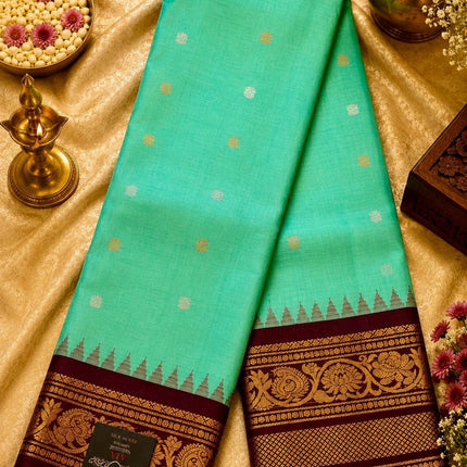 Handloom Gadhwal Silk Saree | Pista-Rama, Maroon Border, Motifs | Silk Mark Certified