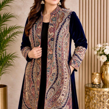 Kani Jamawar Wool & Velvet Jacket | Kashmir Paisley Artwear Size- Medium
