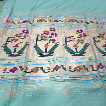 Handloom Paithani Saree | Cotton  Aswali designs l Light Pista Color
