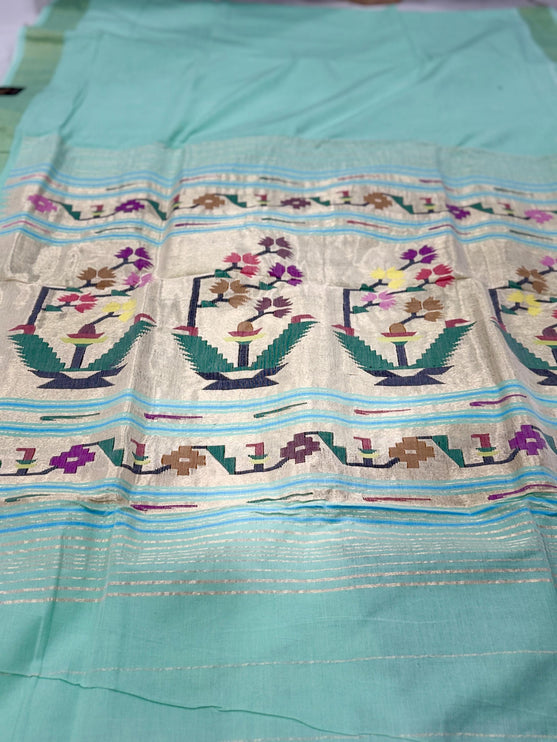 Handloom Paithani Saree | Cotton  Aswali designs l Light Pista Color