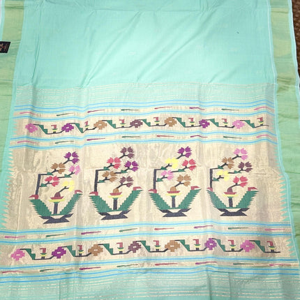 Handloom Paithani Saree | Cotton  Aswali designs l Light Pista Color