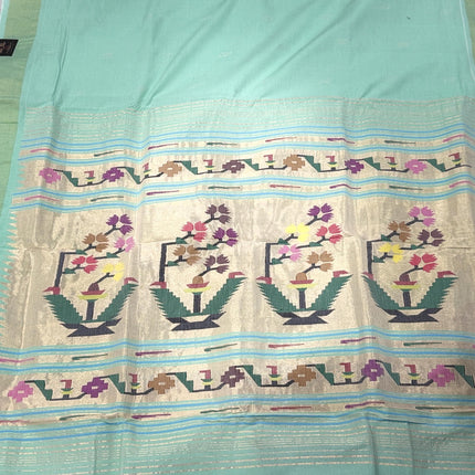 Handloom Paithani Saree | Cotton  Aswali designs l Light Pista Color