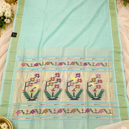 Handloom Paithani Saree | Cotton  Aswali designs l Light Pista Color