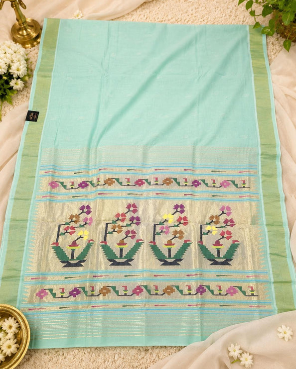 Handloom Paithani Saree | Cotton  Aswali designs l Light Pista Color