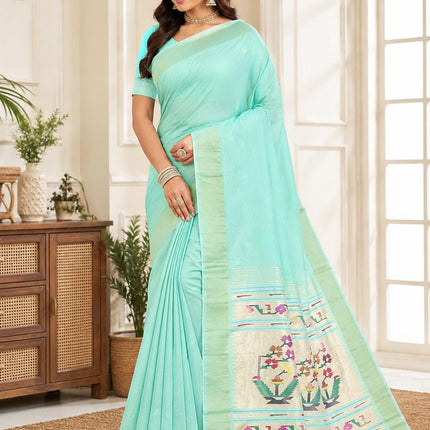 Handloom Paithani Saree | Cotton  Aswali designs l Light Pista Color