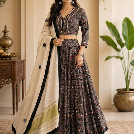 Designer Modal Silk Lehenga Set | Embroidered and Mirror work l - Black
